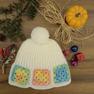 Granny Square Crochet Winter Hat, Handmade Knit Beanie with Pom Pom