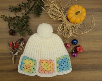 Granny Square Crochet Winter Hat, Handmade Knit Beanie with Pom Pom