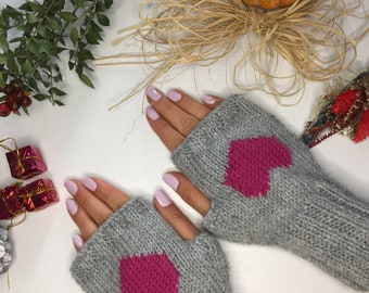 Grey Fingerless Gloves with Pink Heart, Hand and Wrist Warmer for Winter,  Knitted Gift, Spring Apperal