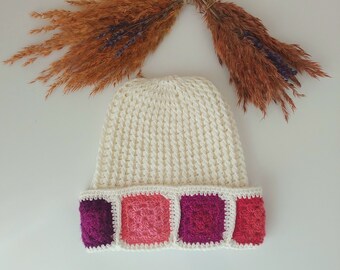 Handmade Granny Square Crochet Beanie: Cream Cherry Design