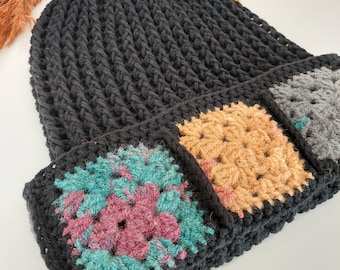 Black Crochet Granny Square Beanie: Handmade Cotton Unisex Hat