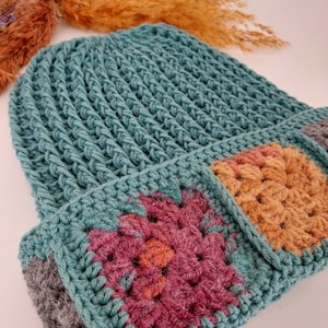 Earthy Green Crochet Granny Square Beanie: Handmade Cotton Hat