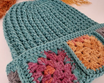 Earthy Green Crochet Granny Square Beanie: Handmade Cotton Hat