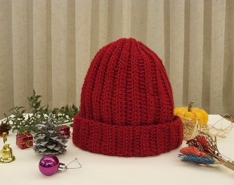 Bonnet d'hiver au crochet, bonnet en tricot rouge et jaune fait main, béret ample et épais, cadeau douillet pour la Saint-Valentin, accessoire de printemps
