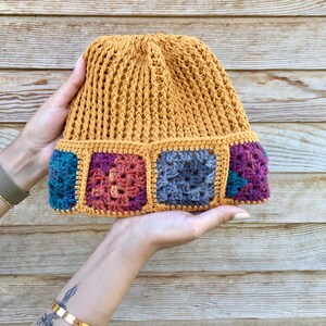 Handmade Crochet Granny Square Beanie: Mustard Yellow Slouchy Hat