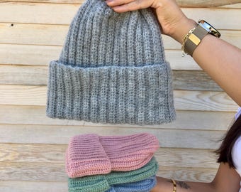 Handmade Mohair Blend Beanie: Grey Chunky Knit Winter Hat