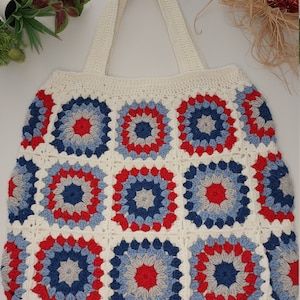 Blau und Weiß Evil Eye Oma Square häkeln Einkaufstasche, Baumwolle Handtasche für Freundin, große Patchwork Afghan Handtasche