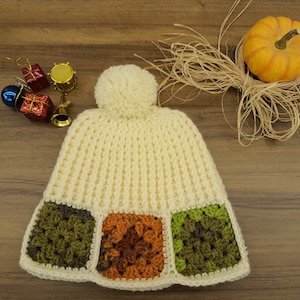 Handmade Crochet Granny Square Beanie: Boho Pom Pom Hat