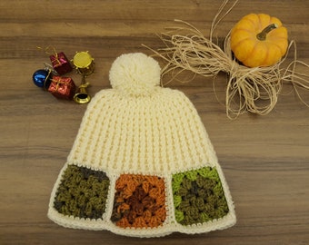 Handmade Crochet Granny Square Beanie: Boho Pom Pom Hat