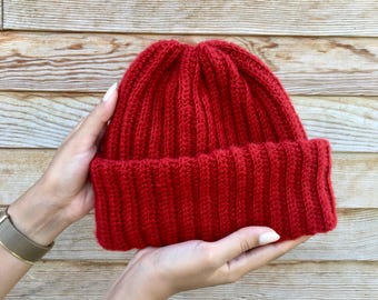 Hand Knitted Red Mohair Beanie: Stretchy Winter Skullcap