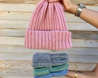 Hand Knitted Mohair Beanie: Powder Pink Chunky Fall Hat