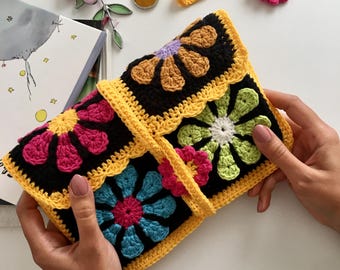 Crochet Book Sleeve, Daisy Flower Motif Book Cover with Bookmark