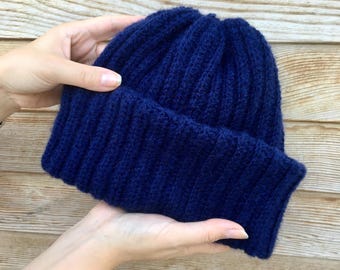 Hand Knitted Indigo Mohair Beanie: Ultra Warm Winter Hat