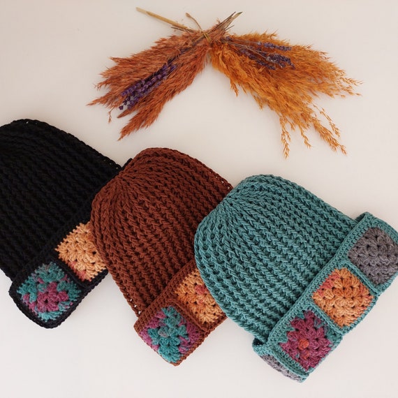 Black Crochet Hat, Granny Square Beanie for Men and Women