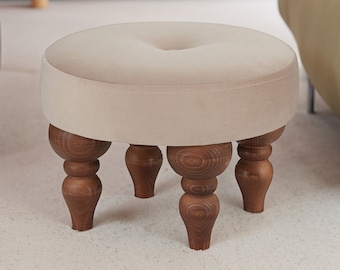 Podnóżek z drewnianymi nóżkami | Pufy dla dzieci | tapicerowany stołek do toaletki | Stołek taboret drewniany prosty stołek