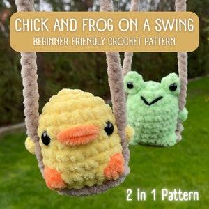 May include: A crochet chick and frog on a swing. The chick is yellow with orange beak and feet. The frog is green with black eyes. The swing is made of brown yarn. The text "CHICK AND FROG ON A SWING BEGINNER FRIENDLY CROCHET PATTERN 2 in 1 PATTERN" is on the image.