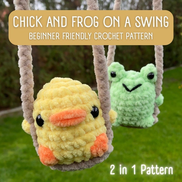 Patron au crochet 2 en 1 | Poussin et grenouille sur une balançoire accessoire de voiture, modèle PDF au crochet Amigurumi, peluches, modèle adapté aux débutants