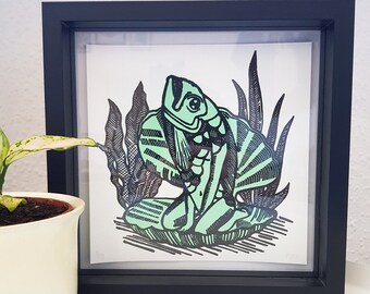 Original Linoprint | Mermaid | "Reverse Mermaid" in a minty green