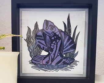 Original Linoprint | Mermaid | "Reverse Mermaid" in a dark lavender