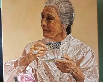 Original old woman portrait oil on canvas painting