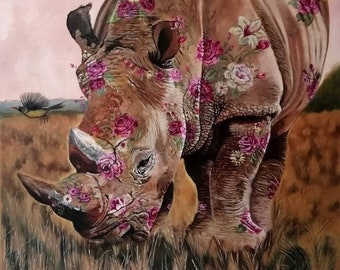 Custom Oil on Canvas original rhino portrait animal art