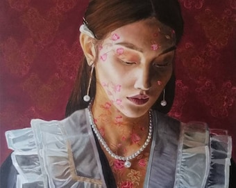 Original Oil Painting: Elegant Woman with Lace Collar, Pearl Necklace