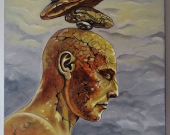 Olio su tela originale scultura ritratto meditazione dipinto