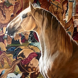 Oil painting white horse portrait on canvas 90.120 cm