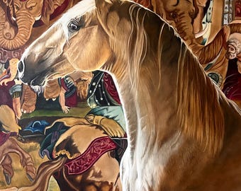 走る野生の馬、オリジナルの油絵、リアリズムスタイル、動物のアート