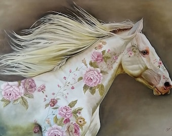 oil painting original white horse portrait 90.120 cm