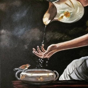 May include: A hand pours water from a pitcher into a bowl, creating a cascade of droplets. A small bird perches on the rim of the bowl, watching the water fall.
