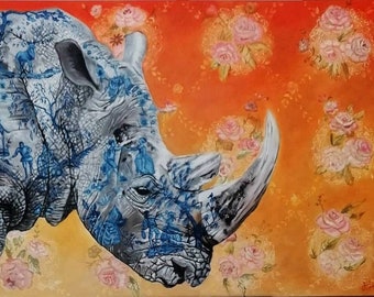 Oil painting large size original white flowers rhino wall  art