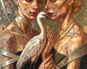 Surreal Oil Painting: Twin Women with Bird, Symbolic Feminine Art