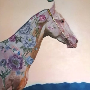 Custom Oil Painting on Canvas large size original white horse wall art flowers