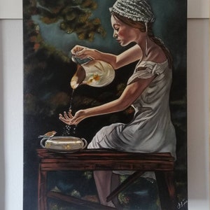 May include: A woman in a white dress and a white bonnet pours water from a pitcher into a bowl. A small bird sits on the edge of the bowl. The scene is painted in a realistic style with a dark background.