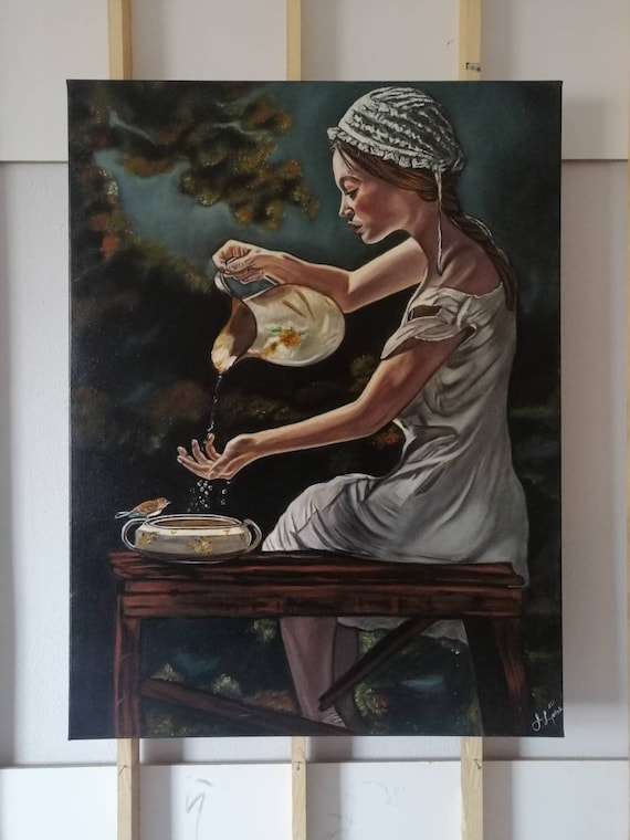 Original working woman portrait oil painting on canvas  wall art living room