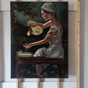 May include: A painting of a woman in a white dress and bonnet pouring water from a pitcher into a bowl. The woman is sitting on a wooden stool in a forest setting. The painting is done in a realistic style with a focus on detail.