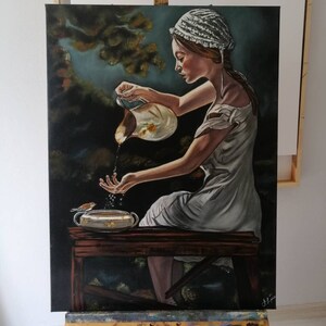 May include: A painting of a woman in a white dress and bonnet pouring water from a pitcher into a bowl. The woman is sitting on a wooden bench in a forest setting. The painting is done in a realistic style with a focus on detail.