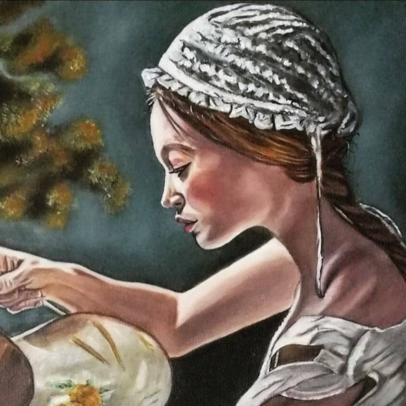 May include: A painting of a woman with long brown hair wearing a white crocheted cap. She is looking down and her face is partially obscured by the cap. The background is a dark blue.