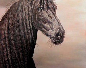 original oil painting brown horse portrait art on canvas signed artwork