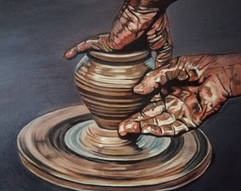 Dipinto a olio originale: Arte della ceramica con mano dorata (50,80 cm)