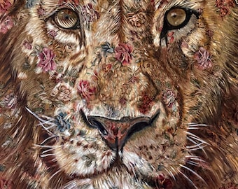 Origineel olieverfschilderij leeuwenportret op geweven stof.  90,120 cm