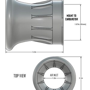 Op de afbeelding: Een diagram van een grijs carburateuronderdeel, met zij- en bovenaanzicht. De zijaanzicht toont een afgerond uiteinde en ribbels. Afmetingen: 8,1 cm lang, 50 mm voor montage en een luchtinlaat van 4,1 cm.