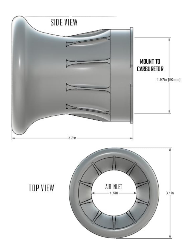 Op de afbeelding: Een diagram van een grijs carburateuronderdeel, met zij- en bovenaanzicht. De zijaanzicht toont een afgerond uiteinde en ribbels. Afmetingen: 8,1 cm lang, 50 mm voor montage en een luchtinlaat van 4,1 cm.
