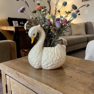 Vintage Ivory Irridescent White Large Ceramic Swan Planter Vase - Farmhouse Cottage Centerpiece Flower Pot