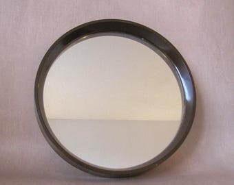 Vintage Retro Round Brown Plastic Mirror - 1970s Denmark - Mid Century Wall Bathroom Mirror