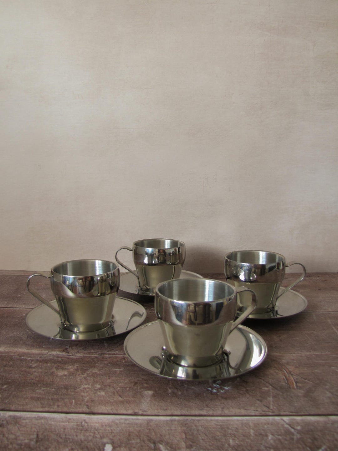 Set of 4 - Vintage Italian Stainless Steel Insulated Espresso Mugs & Saucers Set – Modernist Design