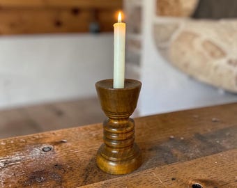 Mid Century Modern Turned Wood Candlestick Pillar - Vintage Walnut Taper Holder - Farmhouse Candle Holder