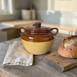 May include: A two-handled ceramic pot with a lid, featuring a glossy dark brown glaze on the upper portion and a smooth, matte light beige finish on the lower section. The pot has a rounded body and two curved handles on opposite sides.