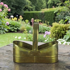 May include: A brass caddy with a handle, sitting on a wooden surface. The caddy has two compartments and a curved handle. The background features a lush garden with green foliage and colorful flowers.